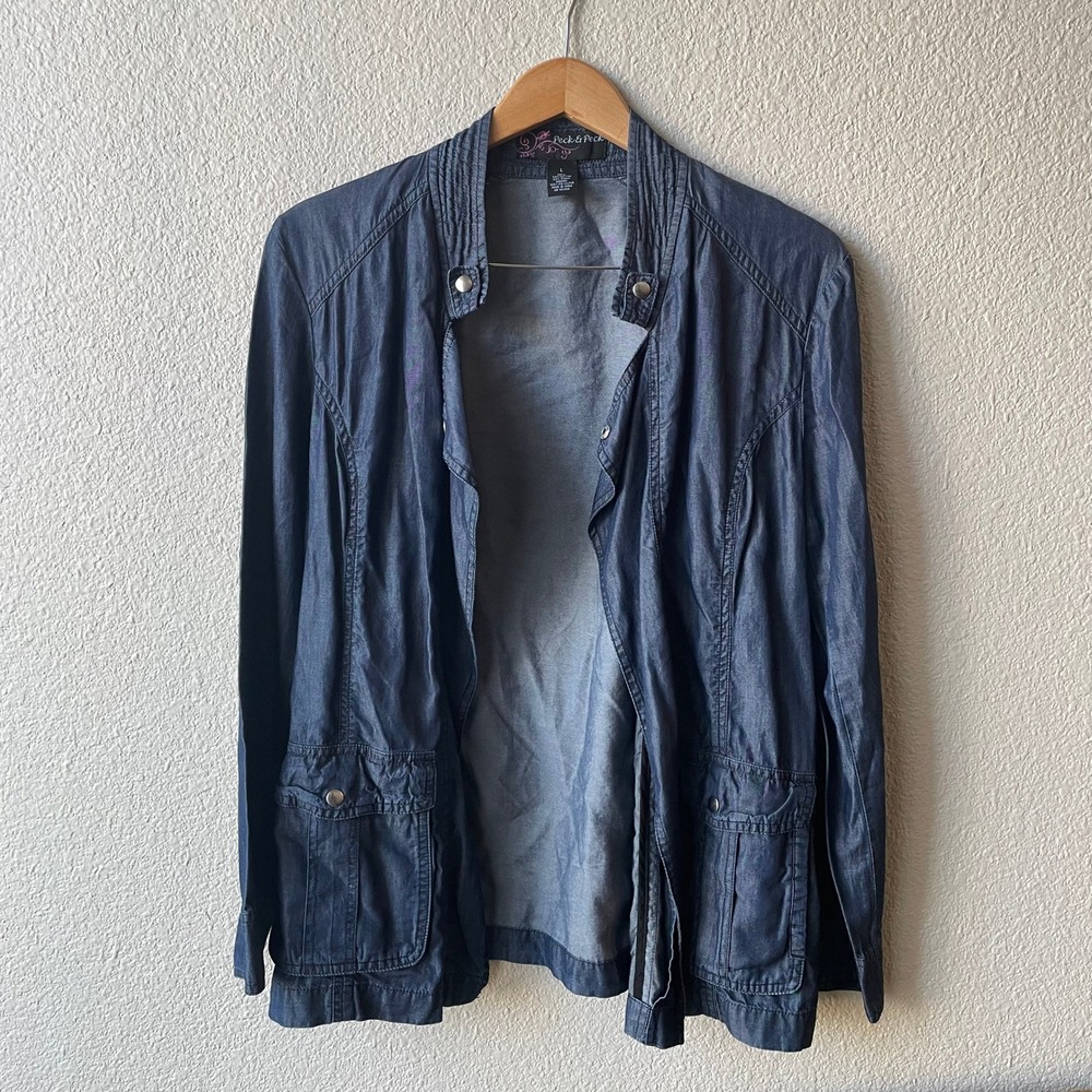 Peck & Peck Womens Jacket Size L Blue Cotton Tencel Lightweight Utility Top